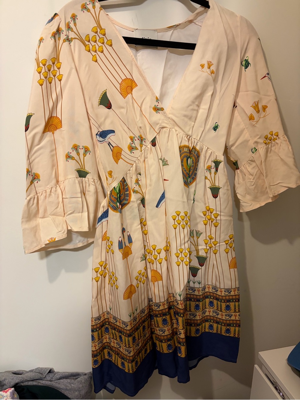 Bohemian Floral V-Neck Mini Dress in Cream and Yellow